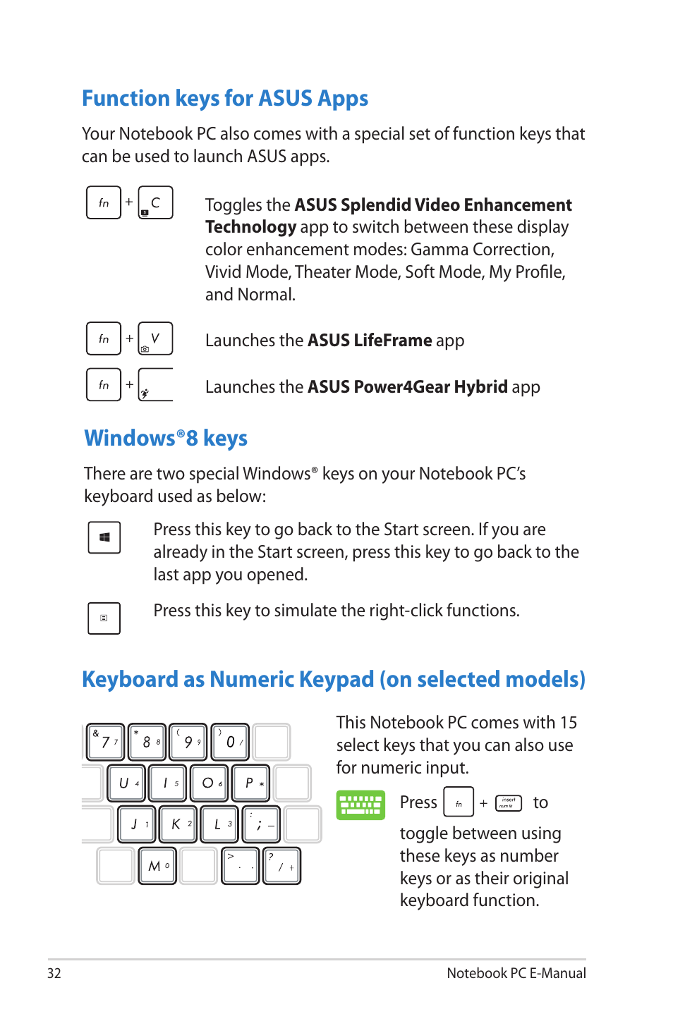 Function keys for asus apps, Windows®8 keys, Keyboard as numeric keypad (on selected models) | Asus X502CA User Manual | Page 32 / 104