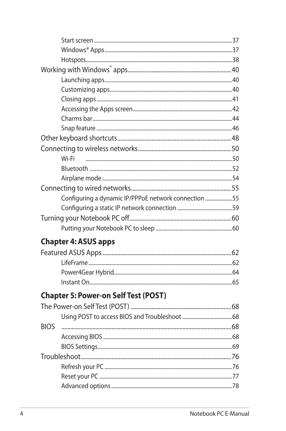Chapter 4: asus apps, Chapter 5: power-on self test (post) | Asus X502CA User Manual | Page 4 / 104
