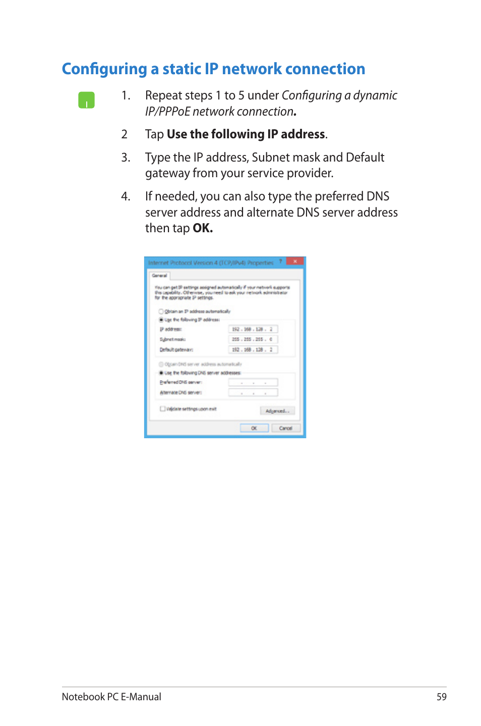 Configuring a static ip network connection | Asus X502CA User Manual | Page 59 / 104