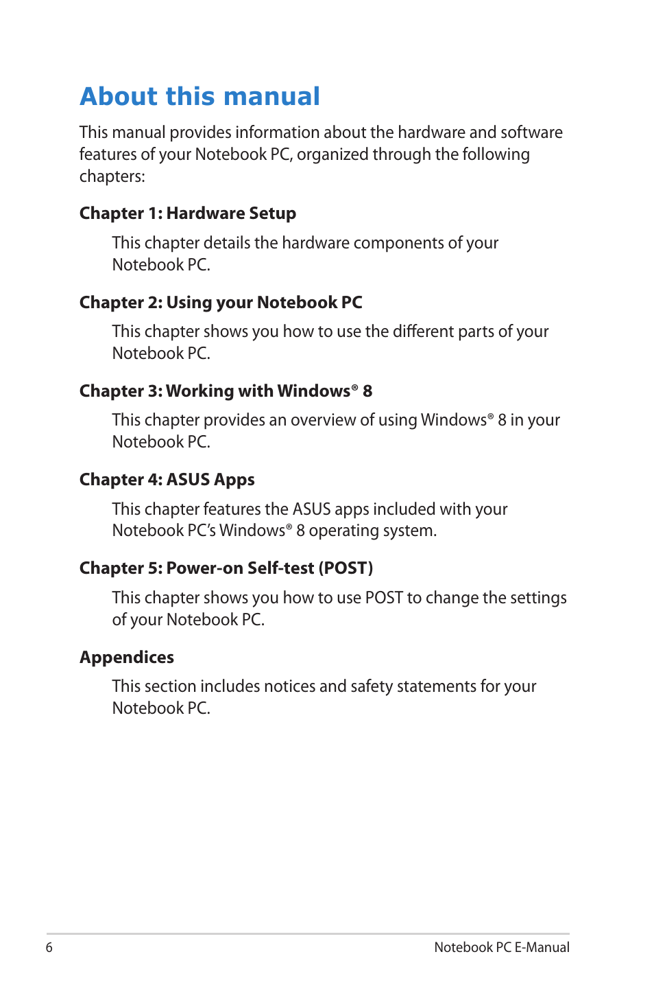 About this manual | Asus X502CA User Manual | Page 6 / 104