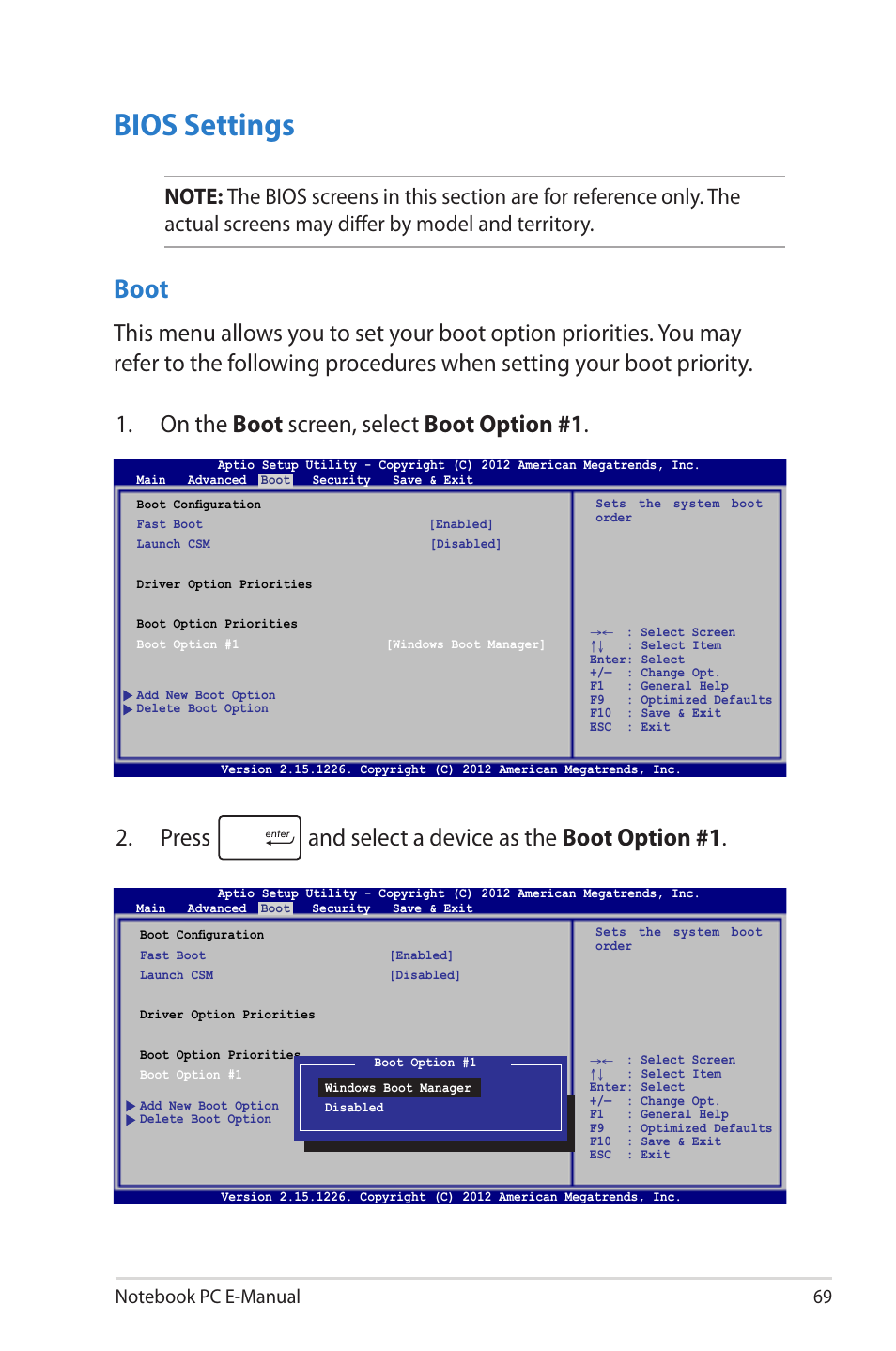 Bios settings, Boot | Asus X502CA User Manual | Page 69 / 104