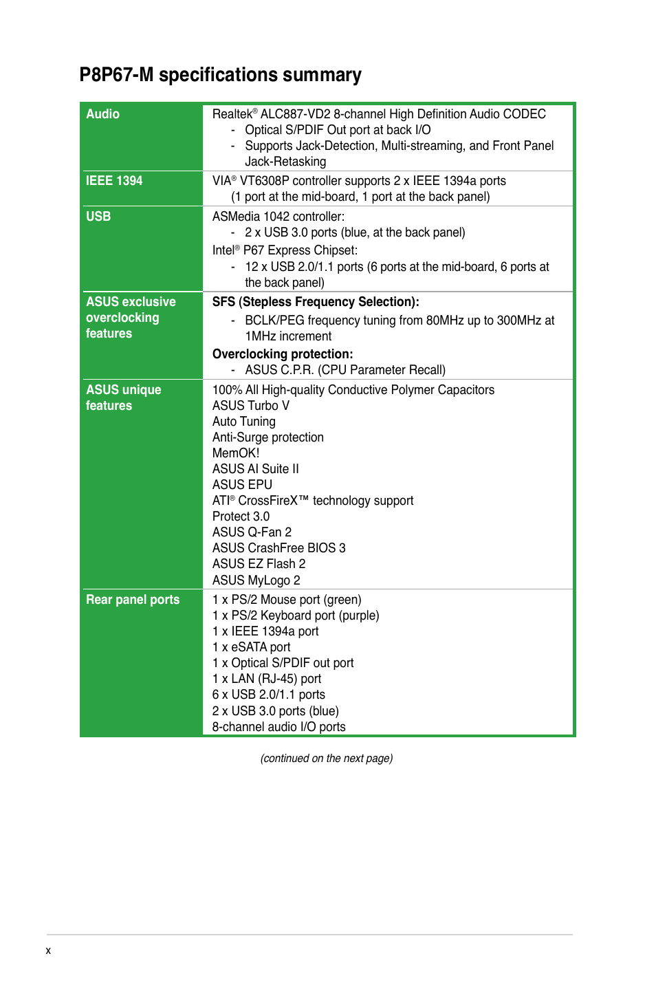 P8p67-m specifications summary | Asus P8P67-M User Manual | Page 10 / 80