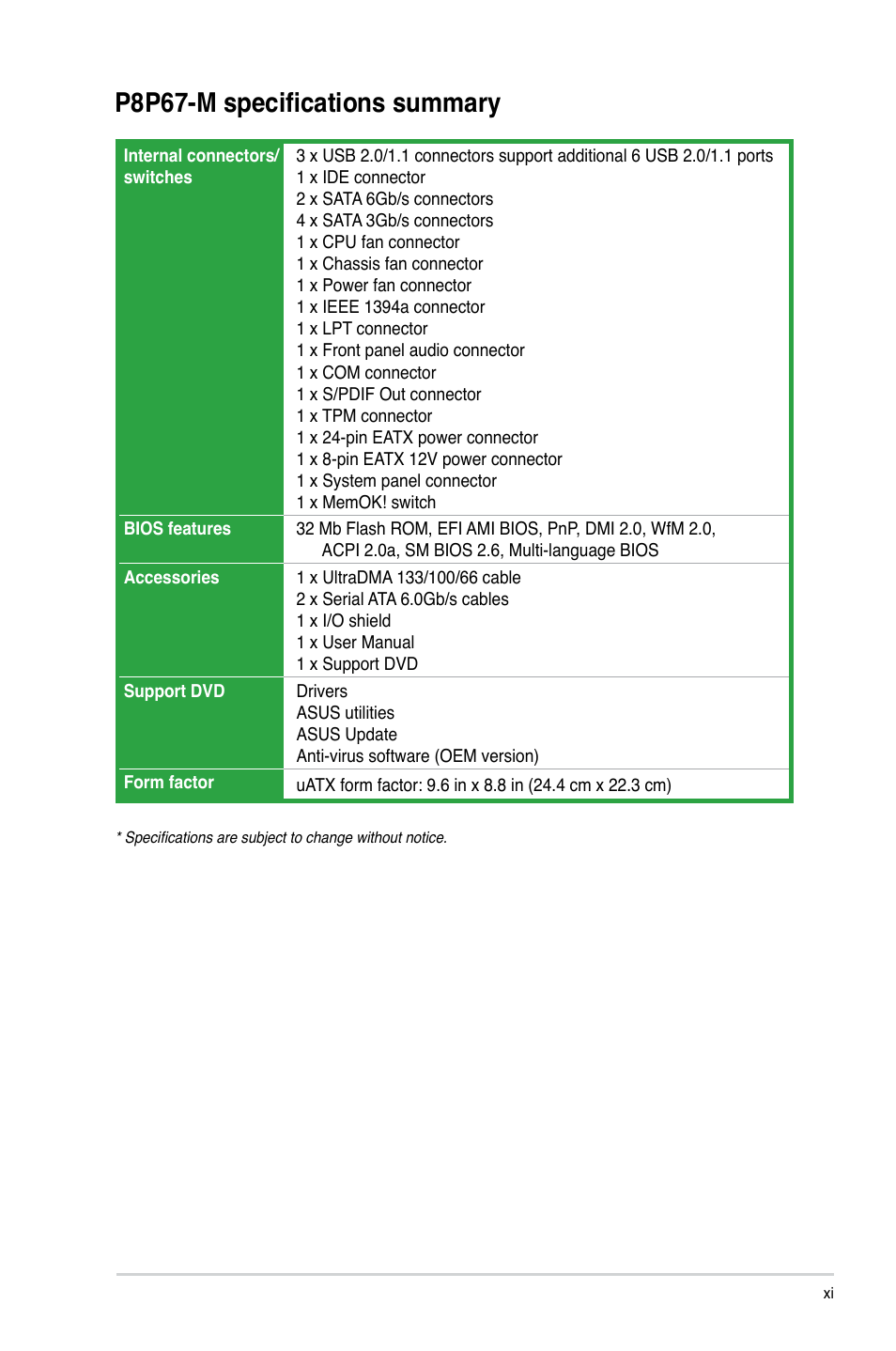 P8p67-m specifications summary | Asus P8P67-M User Manual | Page 11 / 80