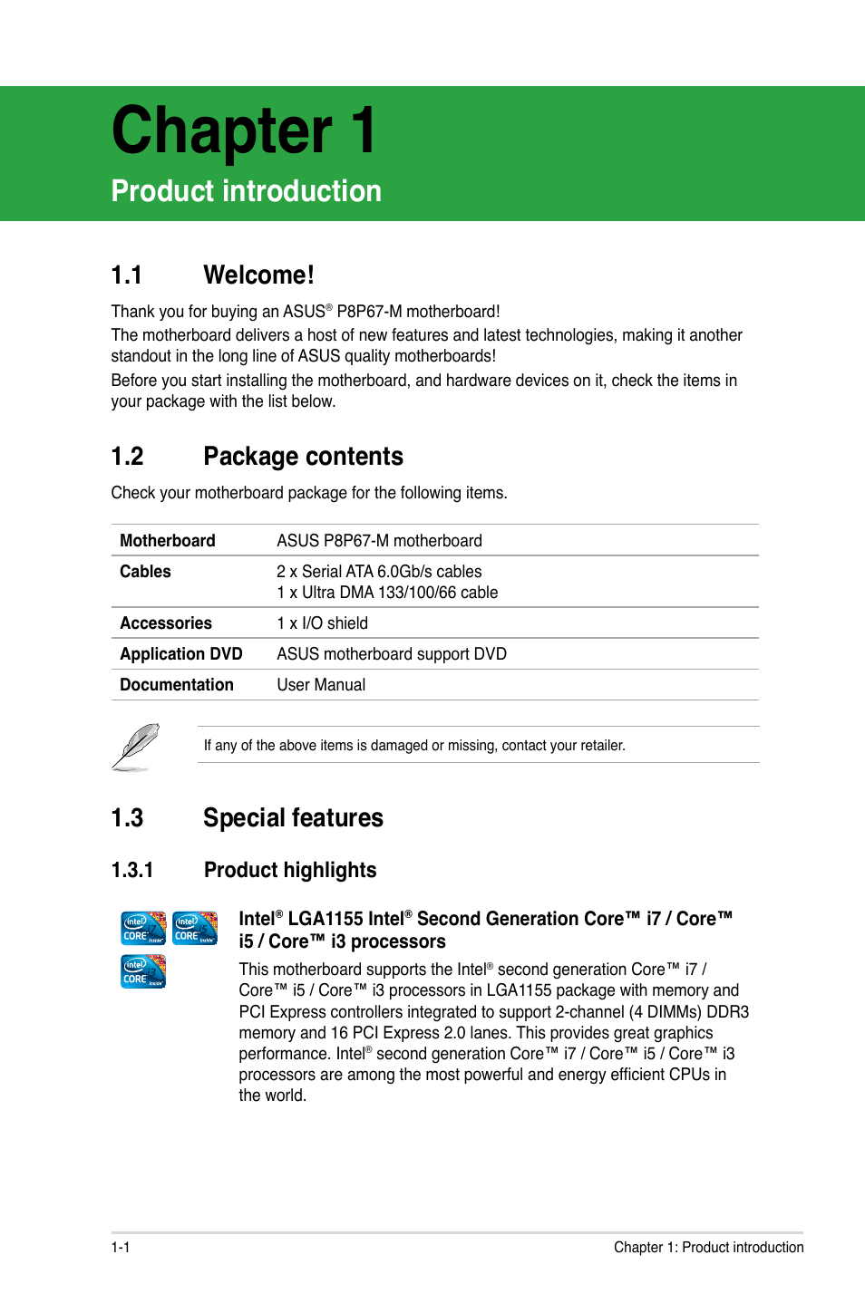 Chapter 1, Product introduction, 1 welcome | 2 package contents, 3 special features, 1 product highlights, Welcome! -1, Package contents -1, Special features -1 1.3.1, Product highlights -1 | Asus P8P67-M User Manual | Page 13 / 80