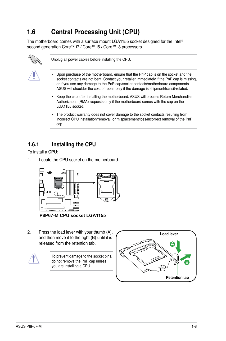 6 central processing unit (cpu), 1 installing the cpu, Central processing unit (cpu) -8 1.6.1 | Installing the cpu -8 | Asus P8P67-M User Manual | Page 20 / 80