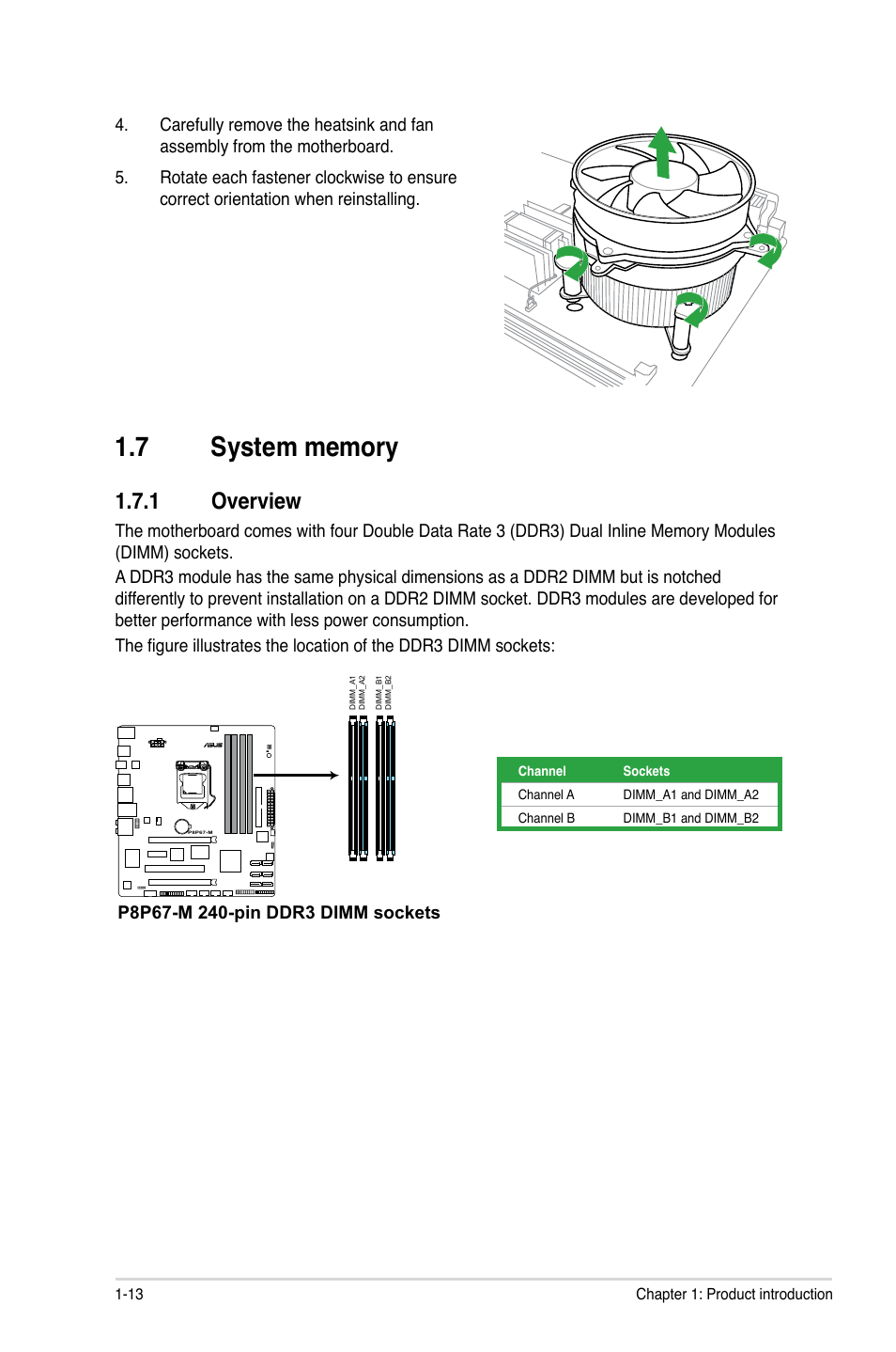 7 system memory, 1 overview, System memory -13 1.7.1 | Overview -13 | Asus P8P67-M User Manual | Page 25 / 80