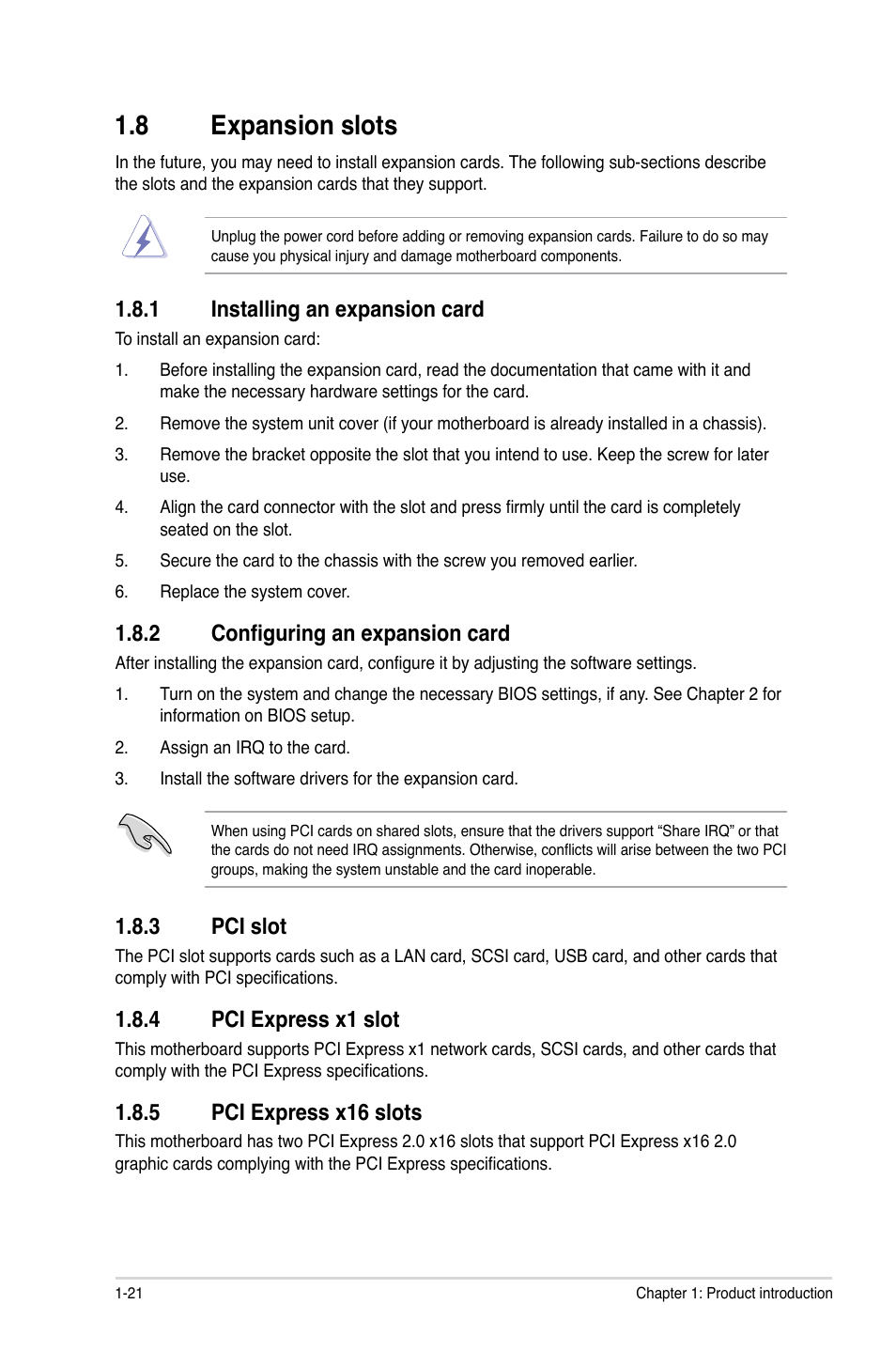 8 expansion slots, 1 installing an expansion card, 2 configuring an expansion card | 3 pci slot, 4 pci express x1 slot, 5 pci express x16 slots, Expansion slots -21 1.8.1, Installing an expansion card -21, Configuring an expansion card -21, Pci slot -21 | Asus P8P67-M User Manual | Page 33 / 80