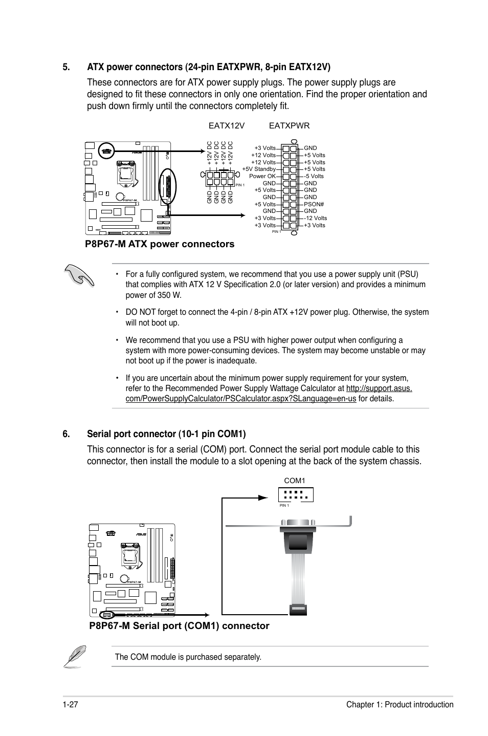 P8p67-m atx power connectors, P8p67-m serial port (com1) connector | Asus P8P67-M User Manual | Page 39 / 80