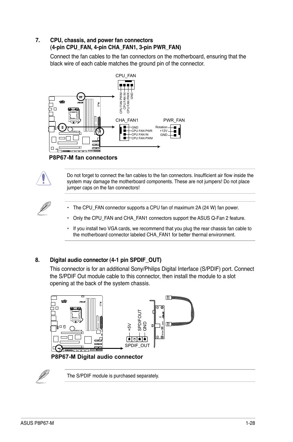 P8p67-m fan connectors, P8p67-m digital audio connector | Asus P8P67-M User Manual | Page 40 / 80