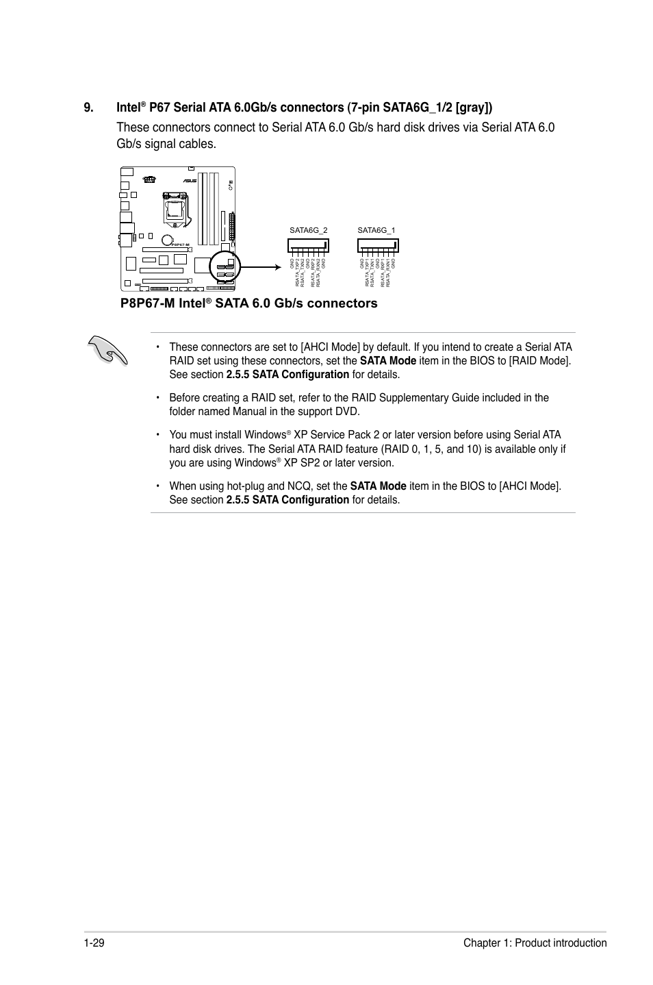 Intel, P8p67-m intel, Sata 6.0 gb/s connectors | 29 chapter 1: product introduction | Asus P8P67-M User Manual | Page 41 / 80