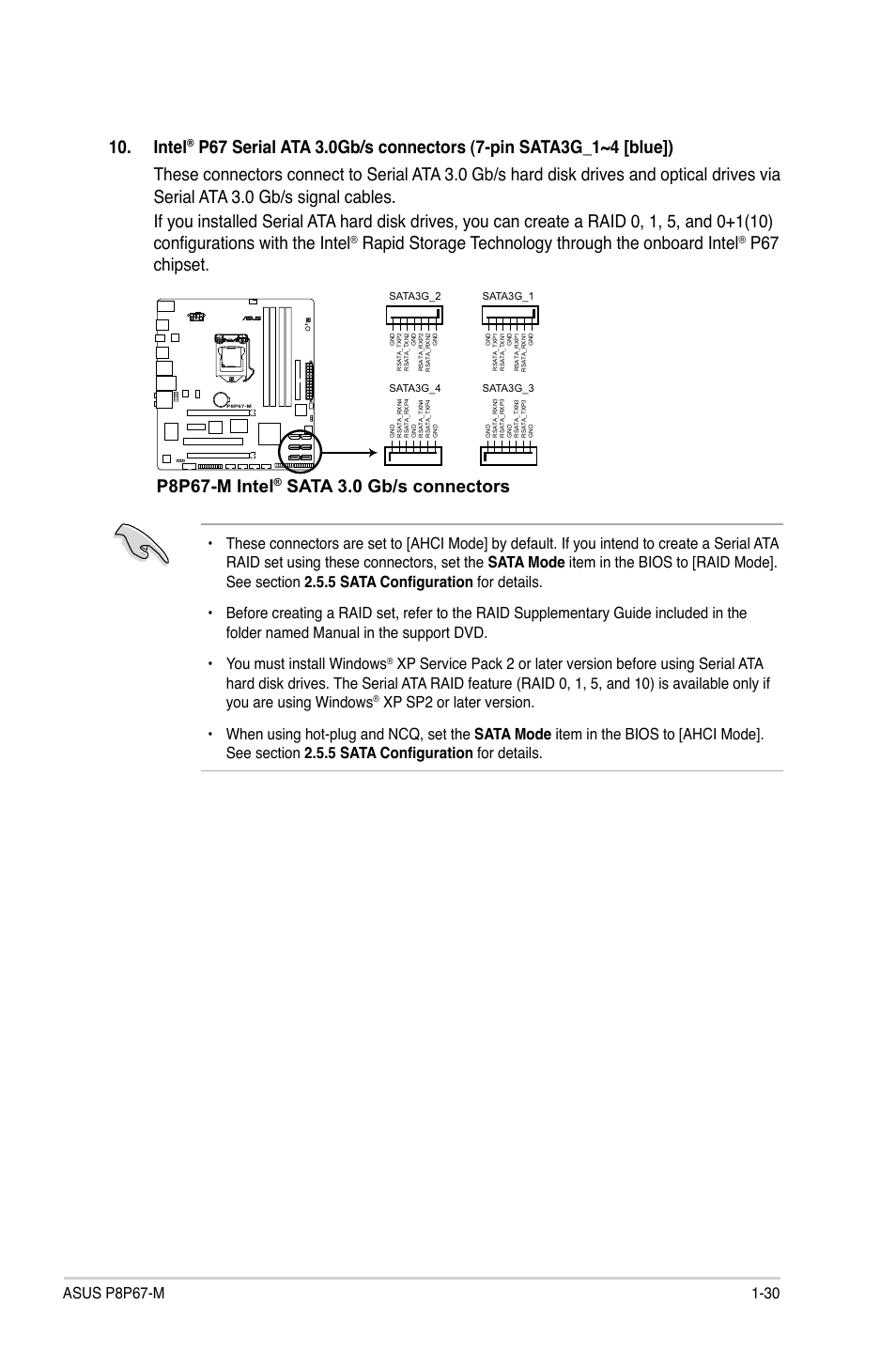 Intel, Rapid storage technology through the onboard intel, P67 chipset | P8p67-m intel, Sata 3.0 gb/s connectors | Asus P8P67-M User Manual | Page 42 / 80