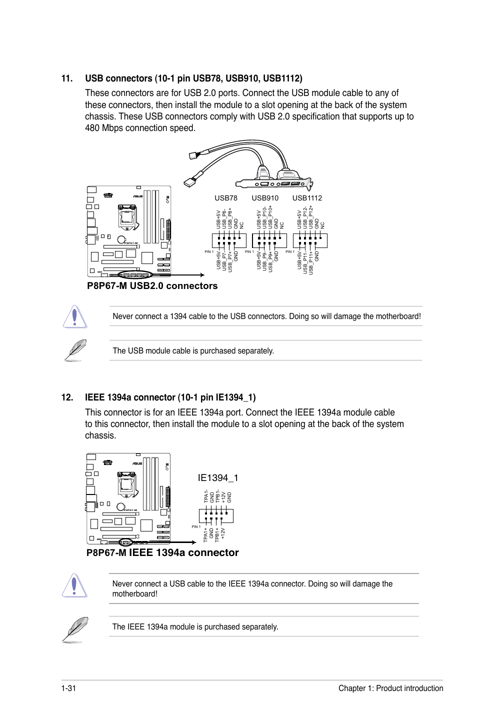 Ieee 1394a connector, P8p67-m, 31 chapter 1: product introduction | Asus P8P67-M User Manual | Page 43 / 80