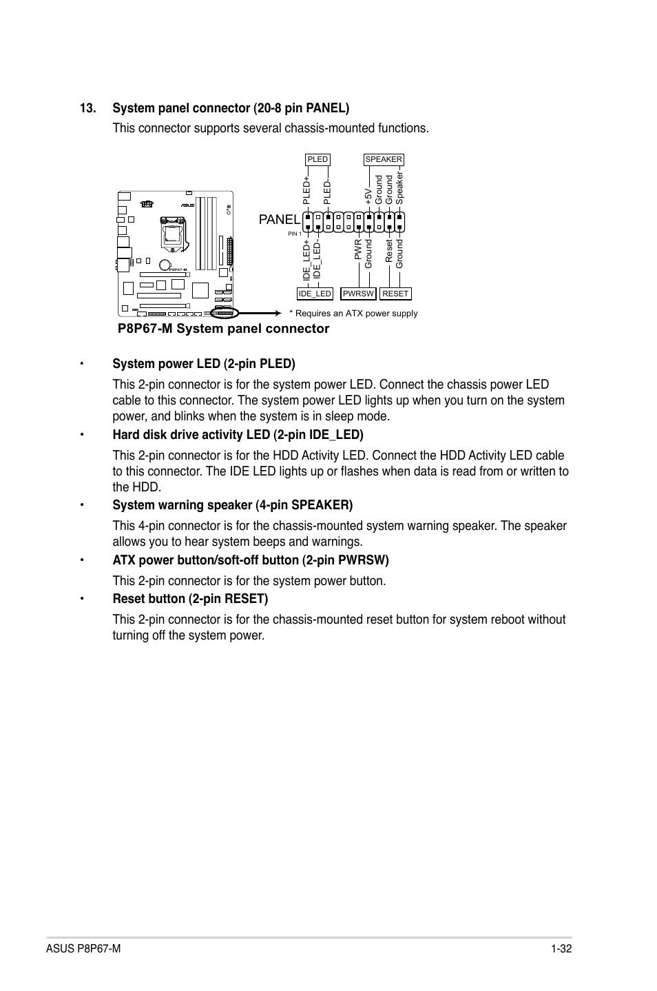 P8p67-m system panel connector, Panel | Asus P8P67-M User Manual | Page 44 / 80