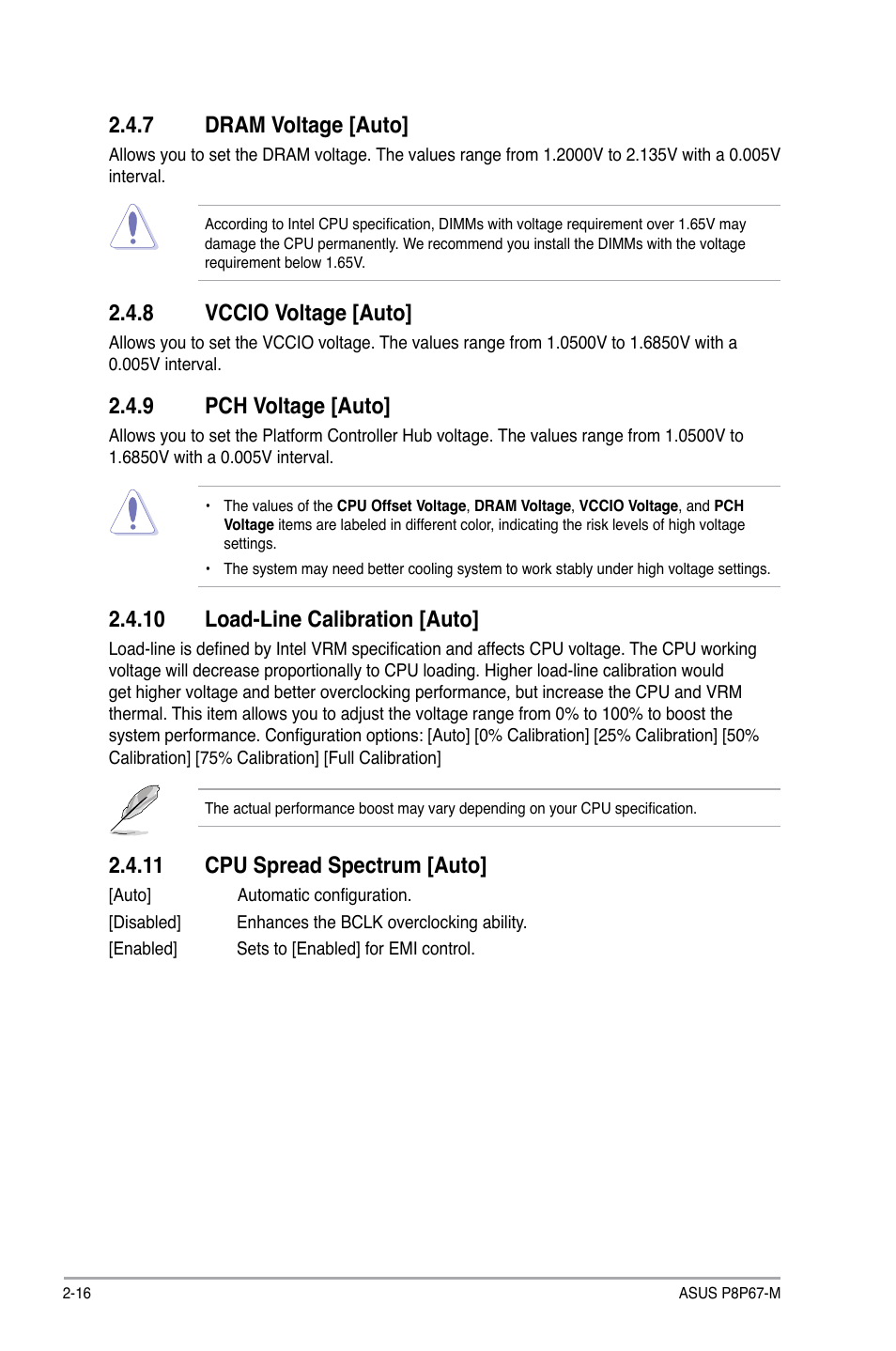 7 dram voltage, 8 vccio voltage, 9 pch voltage | 10 load-line calibration, 11 cpu spread spectrum, Dram voltage -16, Vccio voltage -16, Pch voltage -16, 7 dram voltage [auto, 8 vccio voltage [auto | Asus P8P67-M User Manual | Page 64 / 80