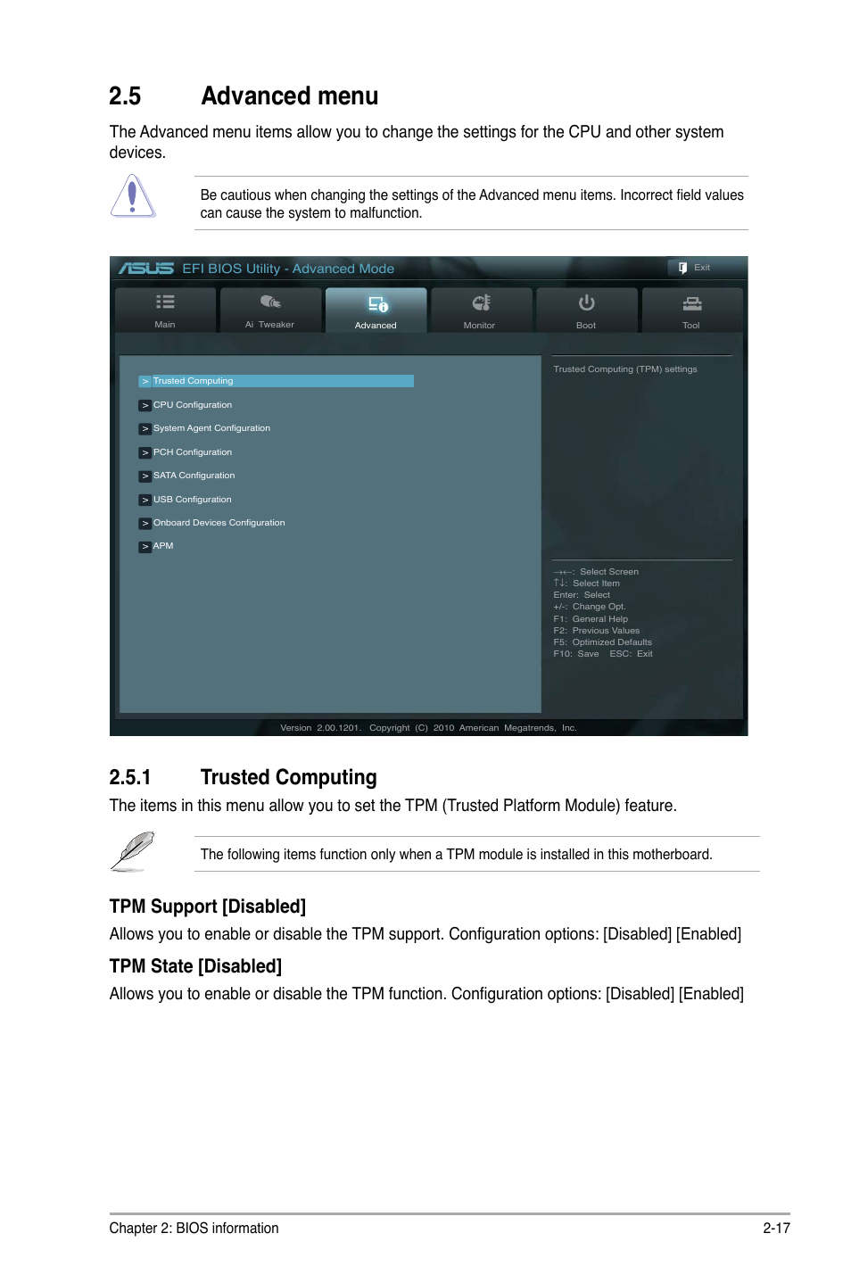 5 advanced menu, 1 trusted computing, Advanced menu -17 2.5.1 | Trusted computing -17, Tpm support [disabled, Tpm state [disabled | Asus P8P67-M User Manual | Page 65 / 80