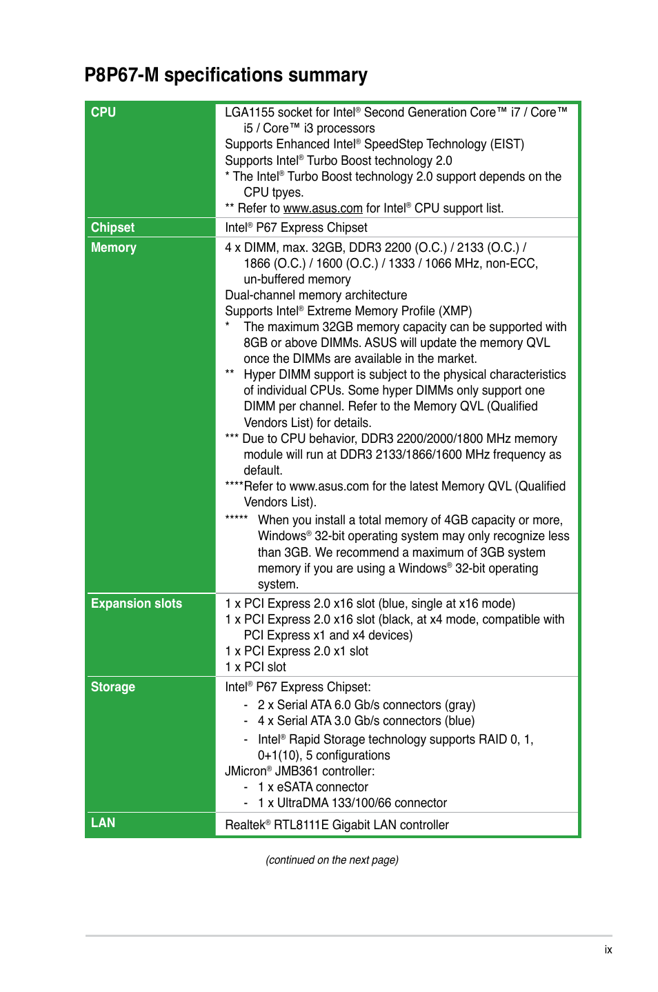 P8p67-m specifications summary | Asus P8P67-M User Manual | Page 9 / 80