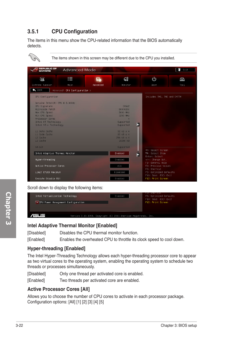 1 cpu configuration, Cpu configuration -22, Chapter 3 | Asus Rampage IV Formula User Manual | Page 100 / 174