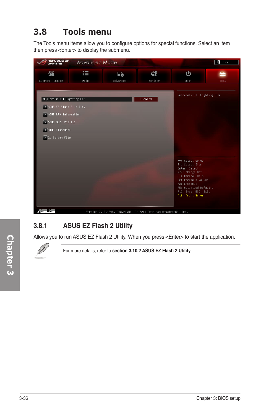 8 tools menu, 1 asus ez flash 2 utility, Tools menu -36 3.8.1 | Asus ez flash 2 utility -36, Chapter 3 3.8 tools menu | Asus Rampage IV Formula User Manual | Page 114 / 174