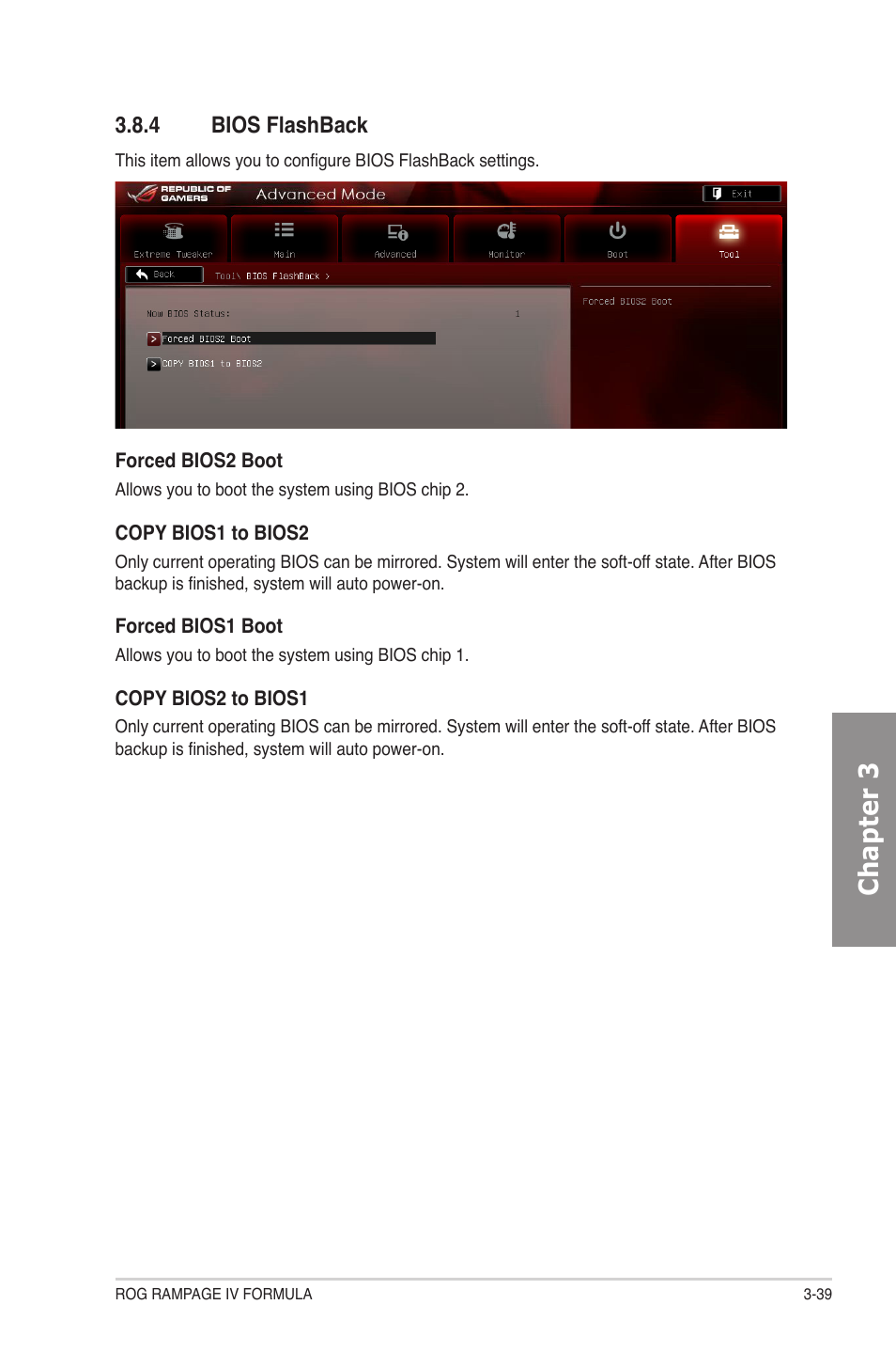 4 bios flashback, Bios flashback -39, Chapter 3 | Asus Rampage IV Formula User Manual | Page 117 / 174