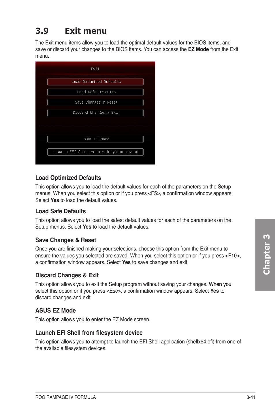 9 exit menu, Exit menu -41, Chapter 3 3.9 exit menu | Asus Rampage IV Formula User Manual | Page 119 / 174