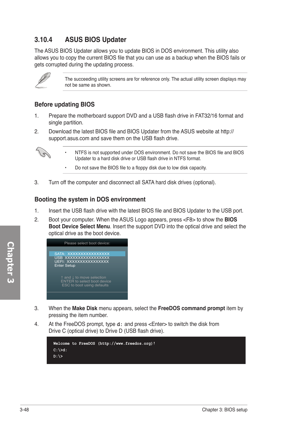 4 asus bios updater, Asus bios updater -48, Chapter 3 | Booting the system in dos environment, Before updating bios | Asus Rampage IV Formula User Manual | Page 126 / 174