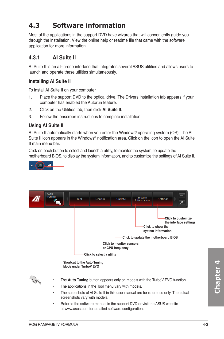 3 software information, 1 ai suite ii, Software information -3 4.3.1 | Ai suite ii -3, Chapter 4 4.3 software information | Asus Rampage IV Formula User Manual | Page 133 / 174