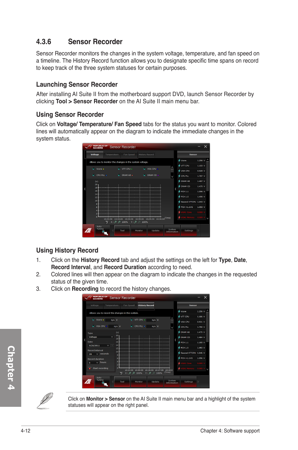 6 sensor recorder, Sensor recorder -12, Chapter 4 | Asus Rampage IV Formula User Manual | Page 142 / 174