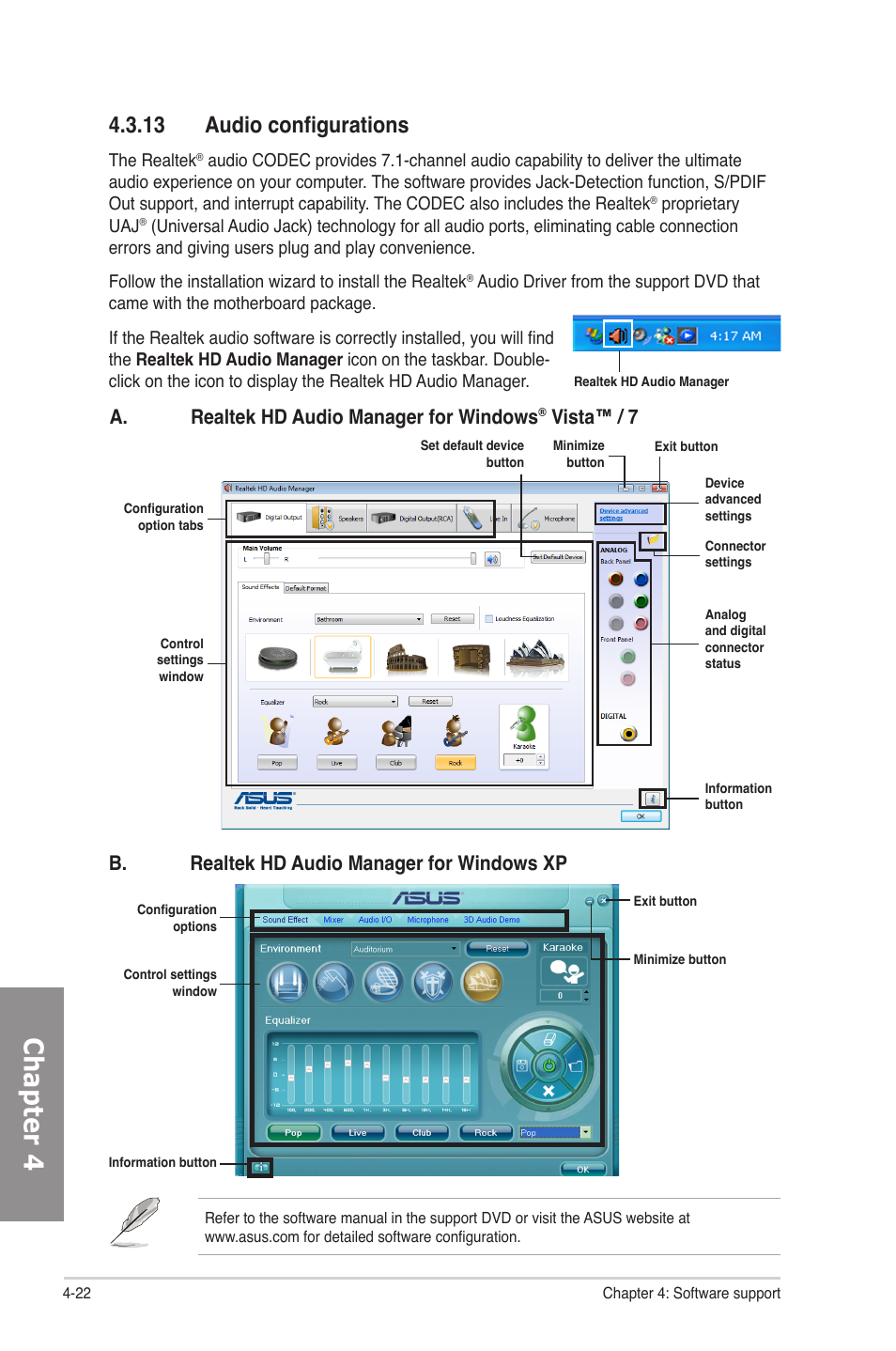 13 audio configurations, Audio configurations -22, Chapter 4 | A. realtek hd audio manager for windows, Vista™ / 7, B. realtek hd audio manager for windows xp | Asus Rampage IV Formula User Manual | Page 152 / 174