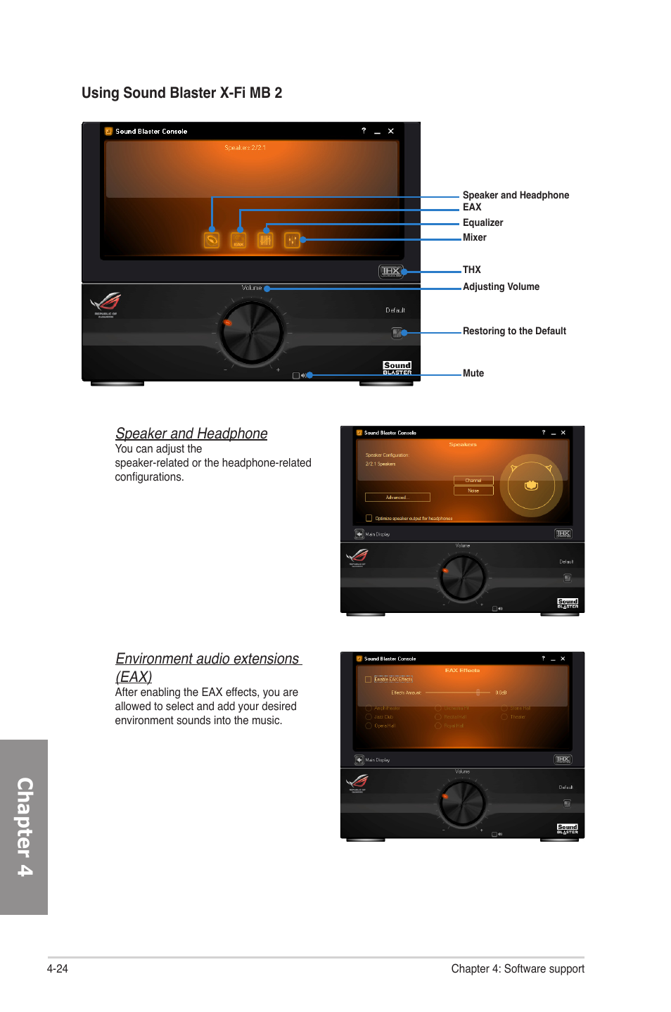 Chapter 4, Using sound blaster x-fi mb 2, Speaker and headphone | Environment audio extensions (eax) | Asus Rampage IV Formula User Manual | Page 154 / 174