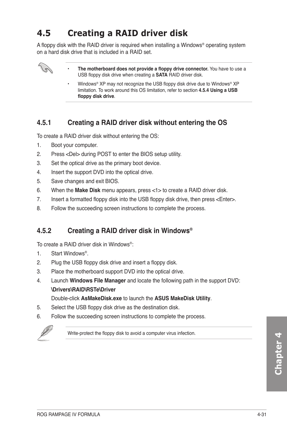 5 creating a raid driver disk, 2 creating a raid driver disk in windows, Creating a raid driver disk -31 4.5.1 | Creating a raid driver disk in windows, Chapter 4 4.5 creating a raid driver disk | Asus Rampage IV Formula User Manual | Page 161 / 174