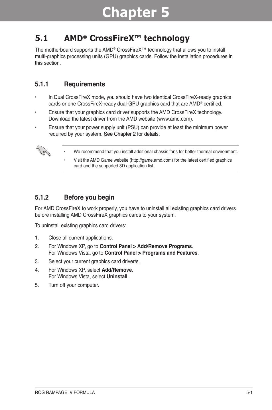 Chapter 5: multiple gpu technology support, 1 amd® crossfirex™ technology, 1 requirements | 2 before you begin, Chapter 5, Multiple gpu technology support, Crossfirex™ technology -1, Requirements -1, Before you begin -1, 1 amd | Asus Rampage IV Formula User Manual | Page 165 / 174