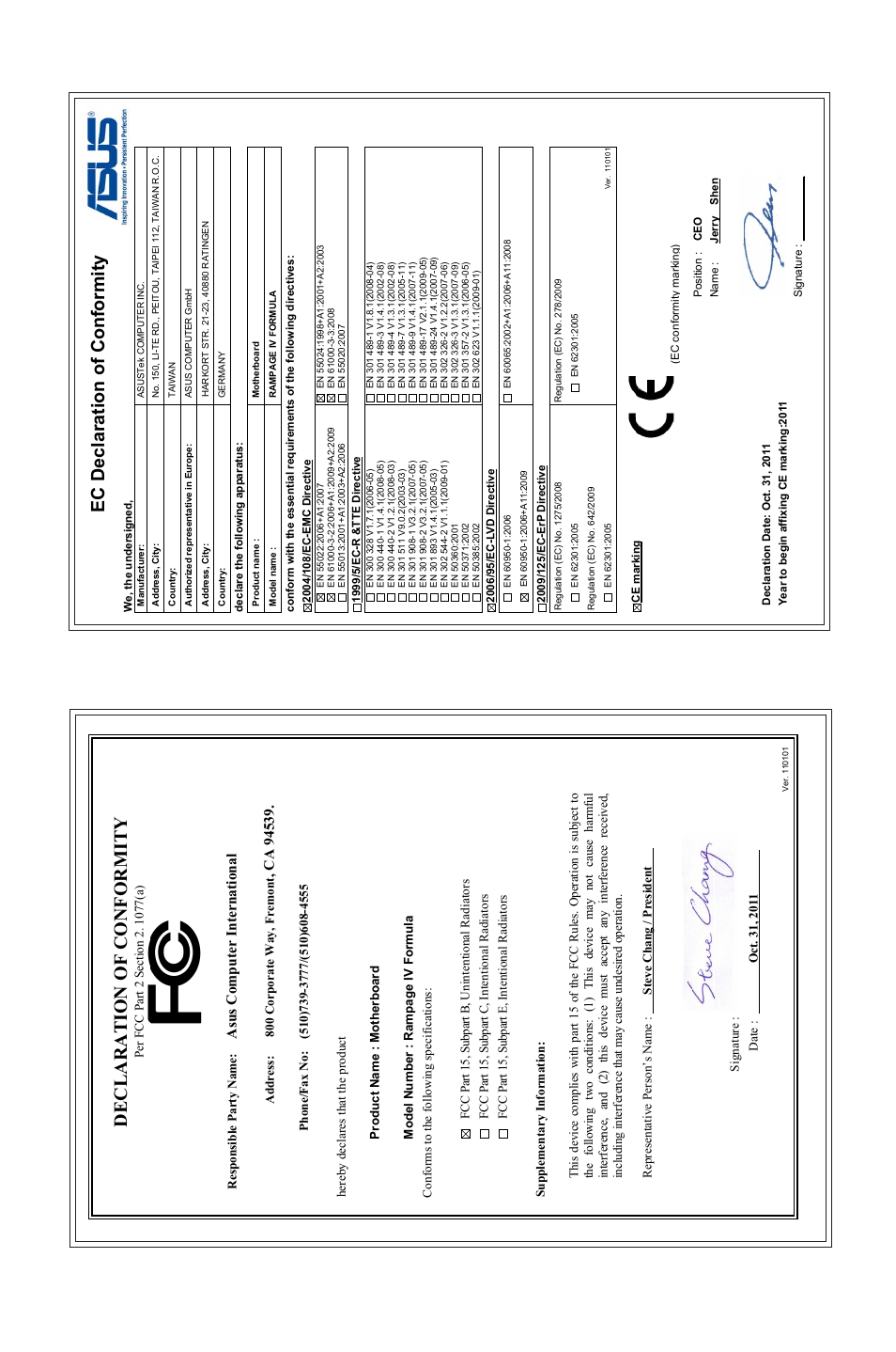 Declaration of conformity, Ec declaration of conformity, Asu s c om pu te r in te rn at io na l | Asus Rampage IV Formula User Manual | Page 174 / 174