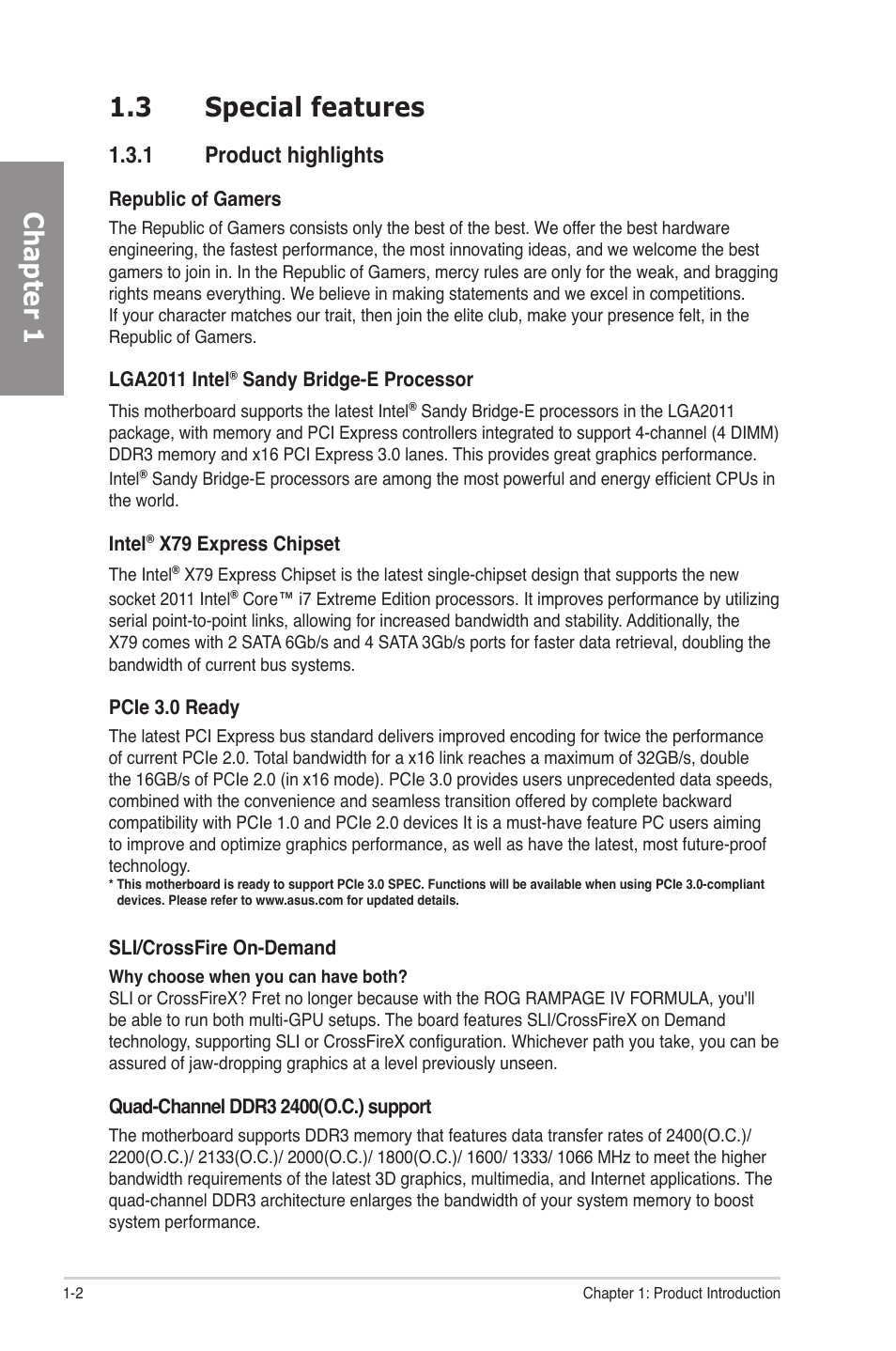 3 special features, 1 product highlights, Special features -2 1.3.1 | Product highlights -2, Chapter 1 1.3 special features | Asus Rampage IV Formula User Manual | Page 20 / 174