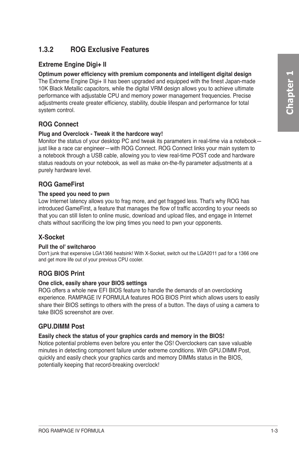 2 rog exclusive features, Rog exclusive features -3, Chapter 1 | Asus Rampage IV Formula User Manual | Page 21 / 174