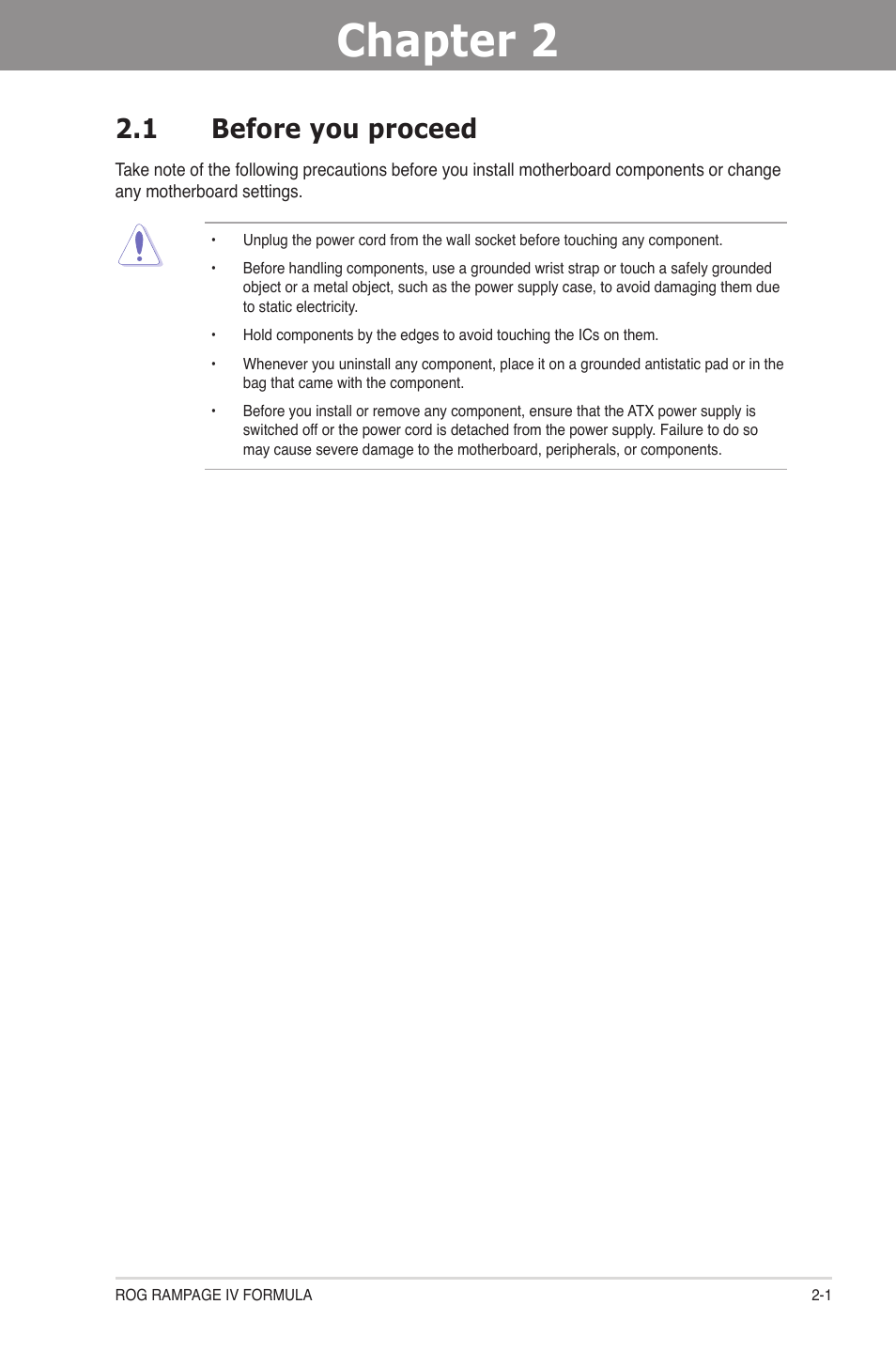 Chapter 2: hardware information, 1 before you proceed, Chapter 2 | Hardware information, Before you proceed -1 | Asus Rampage IV Formula User Manual | Page 25 / 174