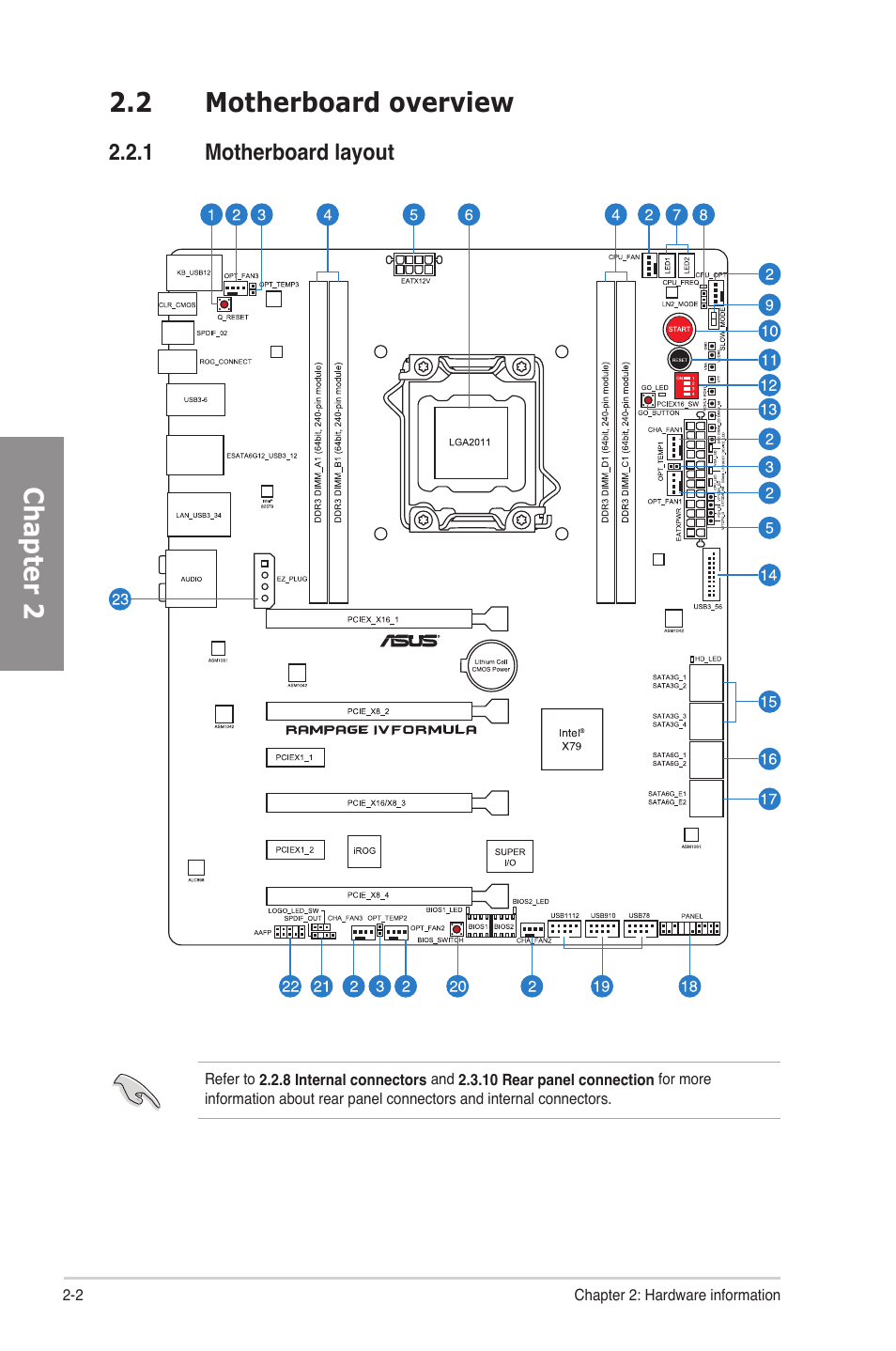 2 motherboard overview, 1 motherboard layout, Motherboard overview -2 2.2.1 | Motherboard layout -2, Chapter 2 | Asus Rampage IV Formula User Manual | Page 26 / 174