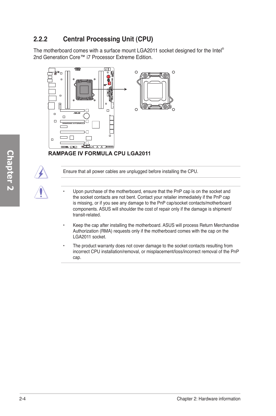 2 central processing unit (cpu), Central processing unit (cpu) -4, Chapter 2 | Asus Rampage IV Formula User Manual | Page 28 / 174