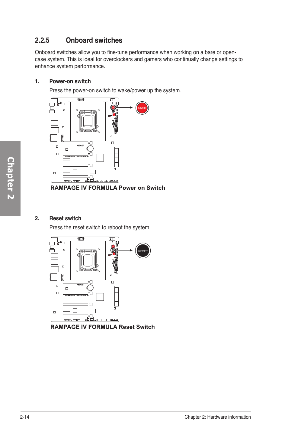 5 onboard switches, Onboard switches -14, Chapter 2 | Asus Rampage IV Formula User Manual | Page 38 / 174