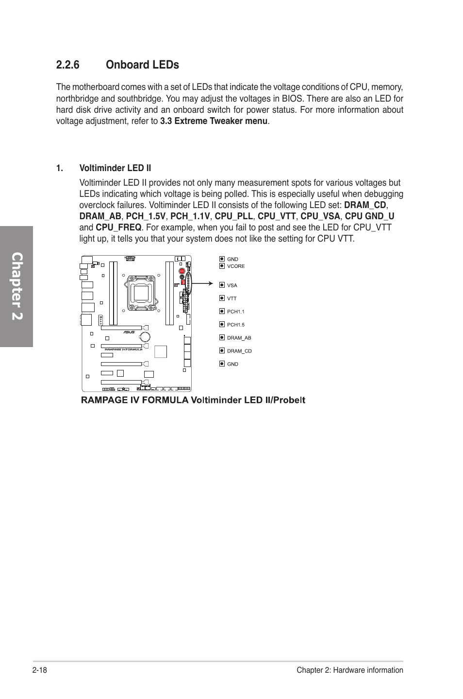 6 onboard leds, Onboard leds -18, Chapter 2 | Asus Rampage IV Formula User Manual | Page 42 / 174