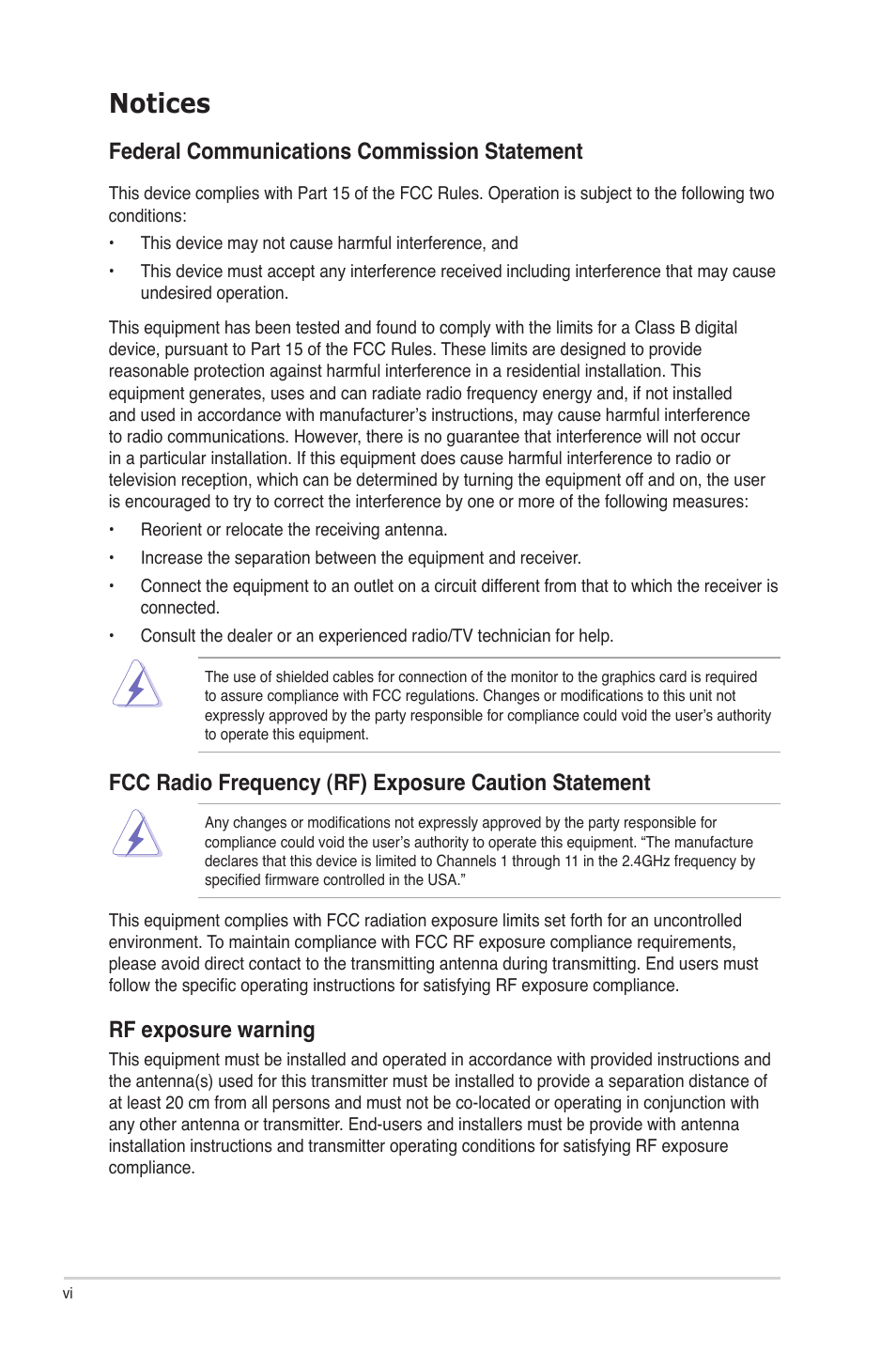 Notices, Federal communications commission statement, Rf exposure warning | Asus Rampage IV Formula User Manual | Page 6 / 174