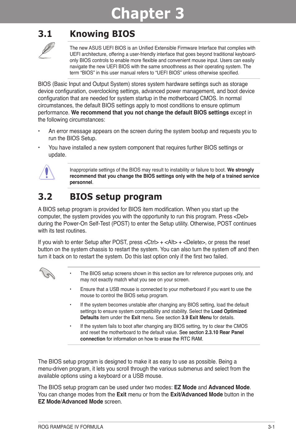 Chapter 3: bios setup, 1 knowing bios, 2 bios setup program | Chapter 3, Bios setup, Knowing bios -1, Bios setup program -1 | Asus Rampage IV Formula User Manual | Page 79 / 174