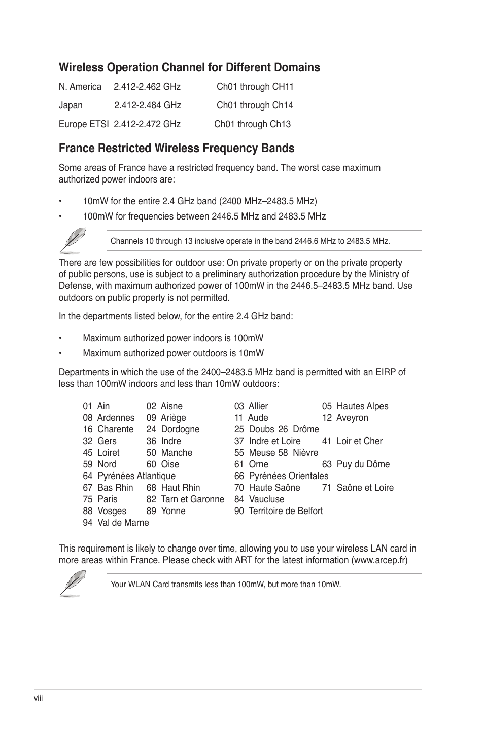 Wireless operation channel for different domains, France restricted wireless frequency bands | Asus Rampage IV Formula User Manual | Page 8 / 174