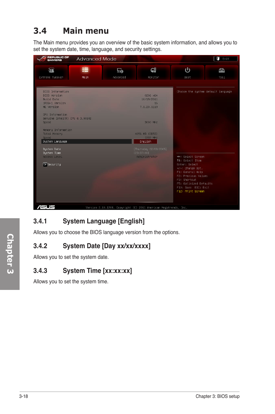 4 main menu, 1 system language [english, 2 system date [day xx/xx/xxxx | 3 system time [xx:xx:xx, Main menu -18 3.4.1, System language [english] -18, System date [day xx/xx/xxxx] -18, System time [xx:xx:xx] -18, Chapter 3 3.4 main menu | Asus Rampage IV Formula User Manual | Page 96 / 174