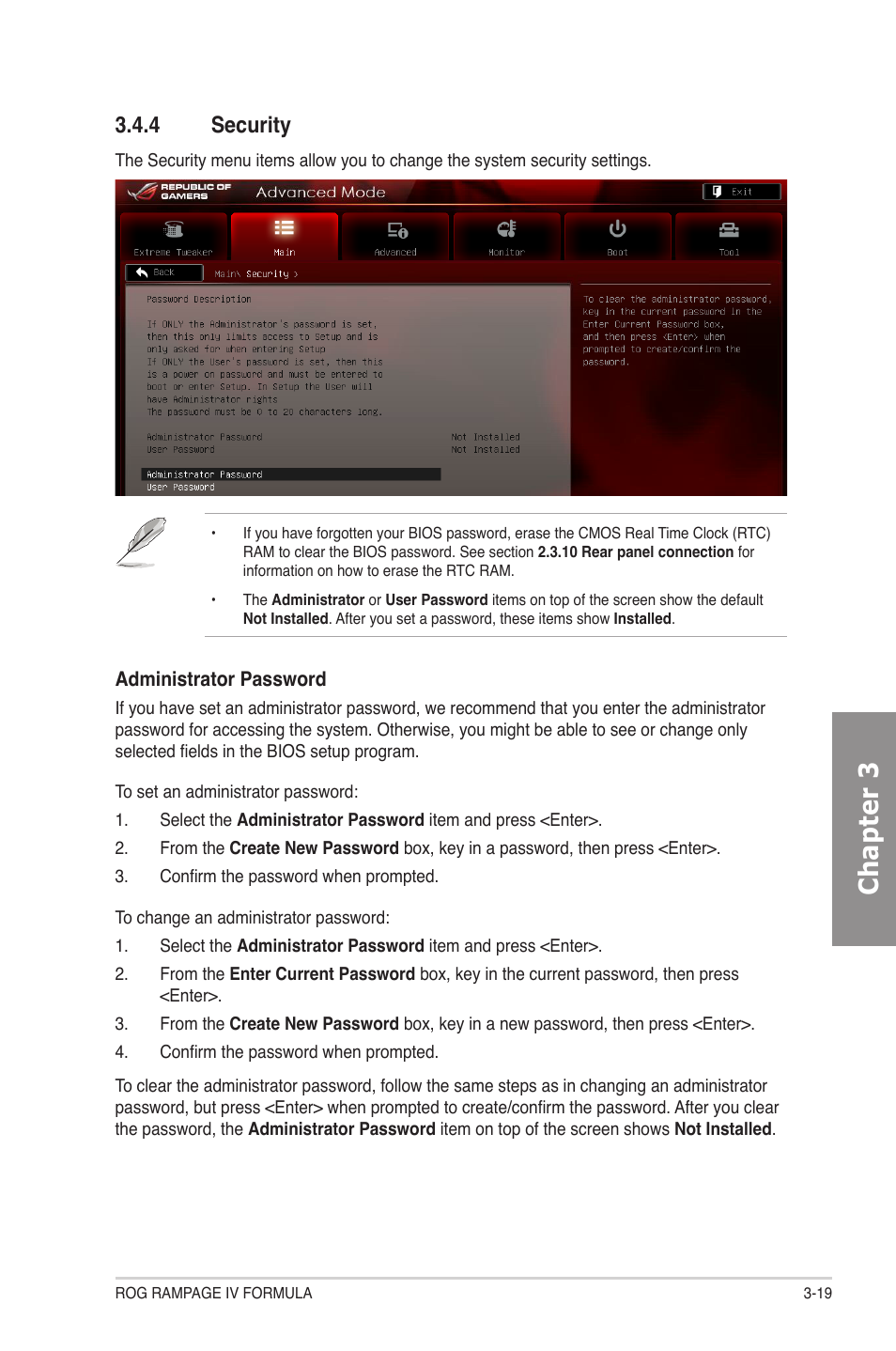 4 security, Security -19, Chapter 3 | Asus Rampage IV Formula User Manual | Page 97 / 174