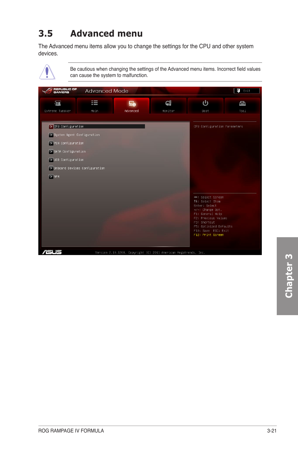 5 advanced menu, Advanced menu -21, Chapter 3 | Asus Rampage IV Formula User Manual | Page 99 / 174