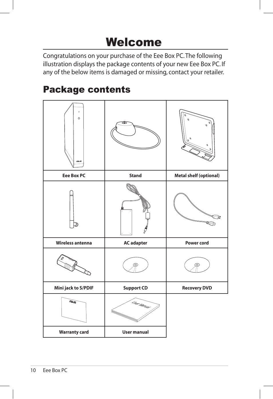 Welcome, Package contents | Asus B202 User Manual | Page 10 / 32