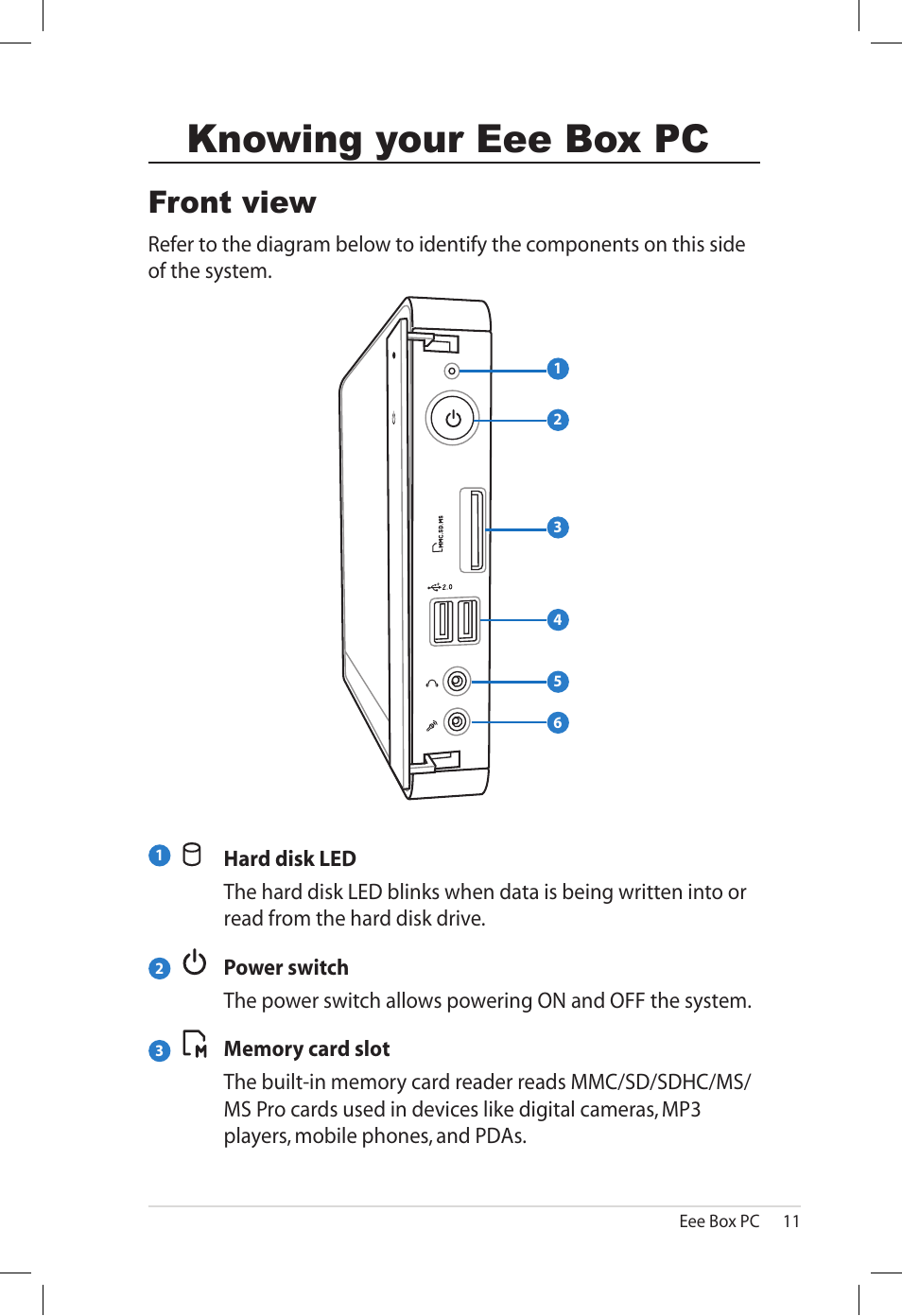 Knowing your eee box pc, Front view | Asus B202 User Manual | Page 11 / 32