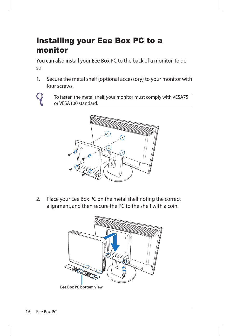 Installing your eee box pc to a monitor | Asus B202 User Manual | Page 16 / 32