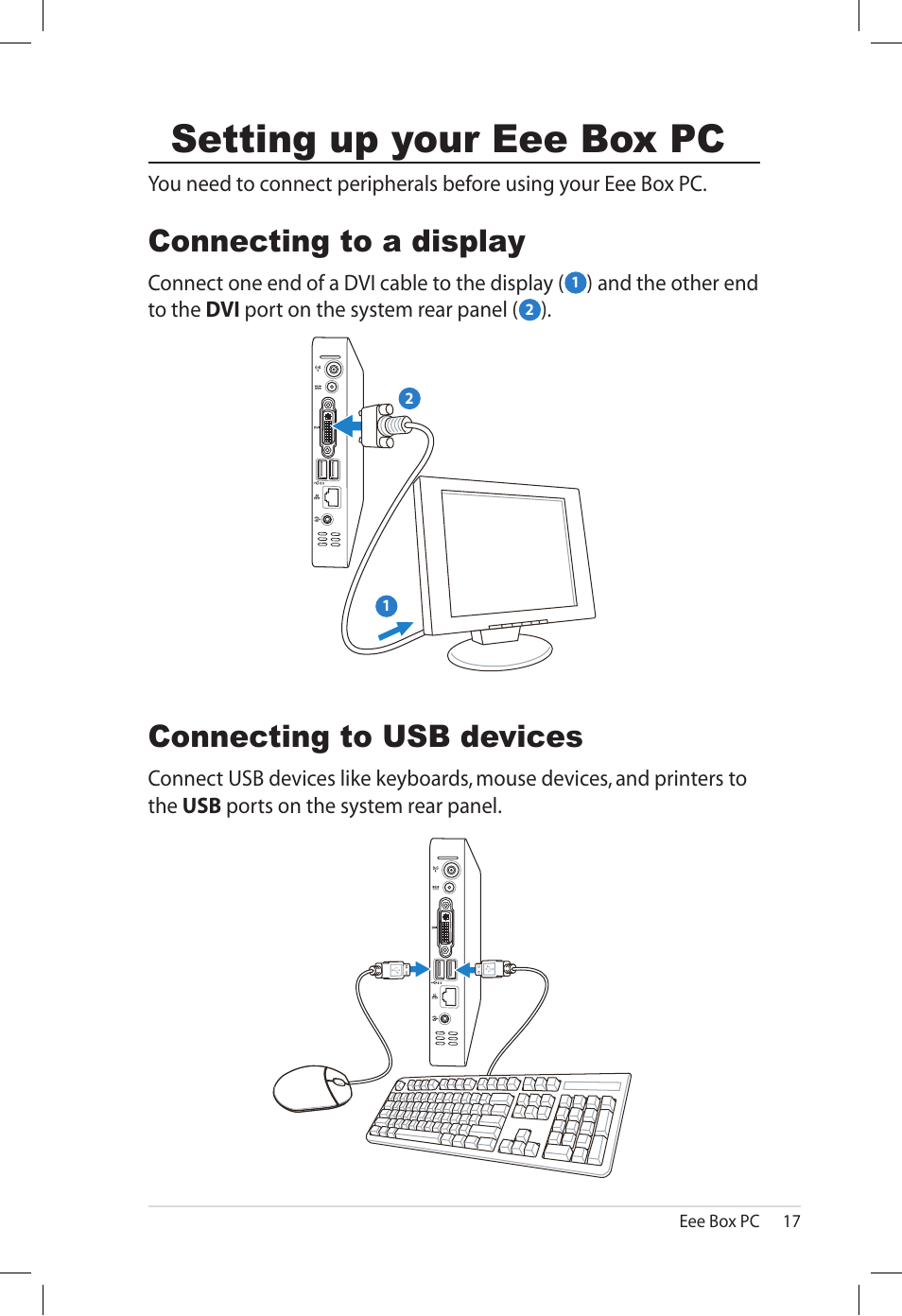 Setting up your eee box pc, Connecting to a display, Connecting to usb devices | Asus B202 User Manual | Page 17 / 32