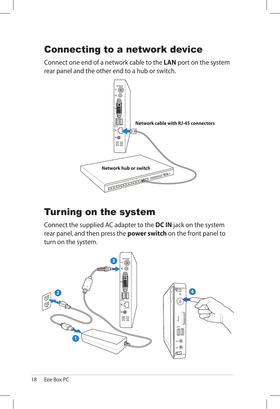 Connecting to a network device, Turning on the system | Asus B202 User Manual | Page 18 / 32